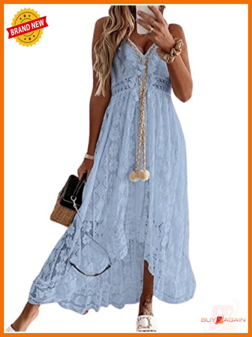 Womens Lace Maxi Dress Sleeveless V-Neck Smocked Summer Beach Vacation Casual